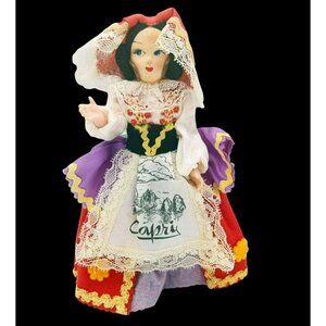 Capri Italy Souvenir Doll 6 Inch Vintage Folk Costume Figure Lace Apron Souvenir
